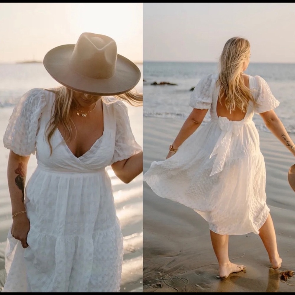 White Gingham Puff Sleeve Backless Midi Dress 🌿 - Picture 6 of 10